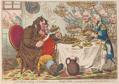 John Bull taking a Luncheon, or British Cooks Cramming old Grumble-gizzard, with Bonne-chere